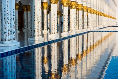 Beautiful gallery of famous Sheikh Zayed White Mosque in Abu Dhabi, UAE. Reflections