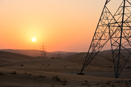 Desert dunes in Liwa, Abu Dhabi, United Arab Emirates during sunsetの写真素材