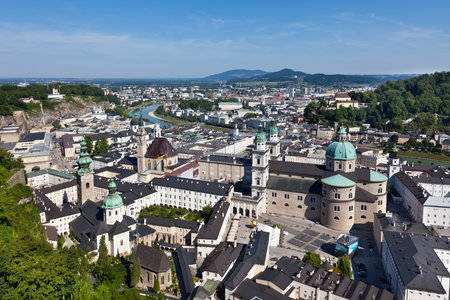 Top view of the Salzach river and the old city in center of Salzburg, Austria, from the walls of the fortressのeditorial素材