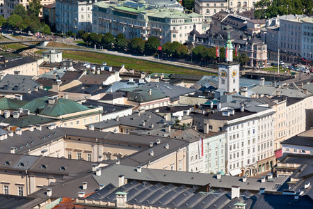 Top view of the Salzach river and the old city in center of Salzburg, Austria, from the walls of the fortressのeditorial素材