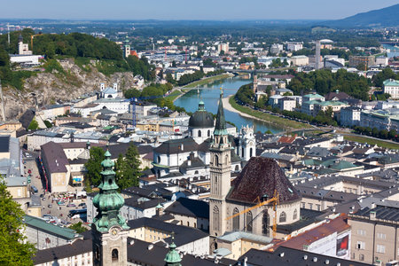 Top view of the Salzach river and the old city in center of Salzburg, Austria, from the walls of the fortressのeditorial素材