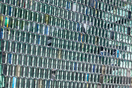 Detail of the glass facade of the Harpa Concert Hall in Reykjavik, Iceland.の写真素材
