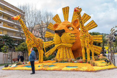 FRANCE, MENTON - FEBRUARY 18: 84th Lemon Festival (Fete du Citron) in Menton town on the French Riviera. Huge citrus constructions made from lemons and oranges on Broadway theme on February 18, 2017のeditorial素材