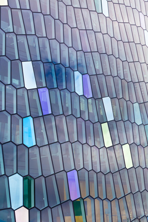 Detail of the glass facade of the Harpa Concert Hall in Reykjavik, Iceland.の写真素材