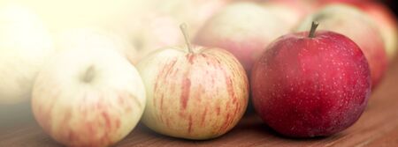 Garden apples on brown wood bench. small GRIP. Long sizeの写真素材