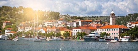 Skradin harbour on the Adriatic coast and Krka river in Croatia. Long wide bannerの写真素材