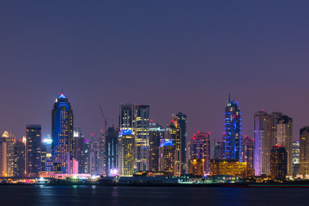 UAE, DUBAI - DECEMBER 28: Night cityscape of Dubai city, United Arab Emirates on December 28, 2014のeditorial素材