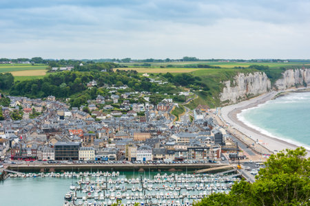 FRANCE, FECAMP - MAY 29: View from above to the town and and the bay in Fecamp, Normandy, France on May 29, 2015のeditorial素材