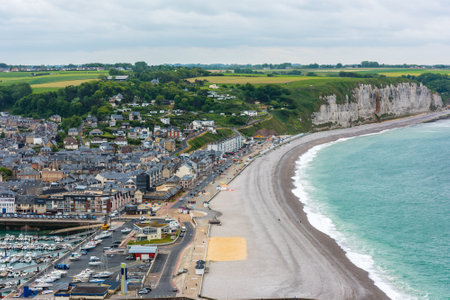 FRANCE, FECAMP - MAY 29: View from above to the town and and the bay in Fecamp, Normandy, France on May 29, 2015のeditorial素材