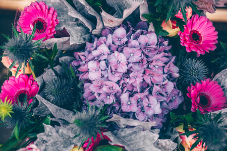 Beautiful unique bouquet with hydrangea. Filtered image