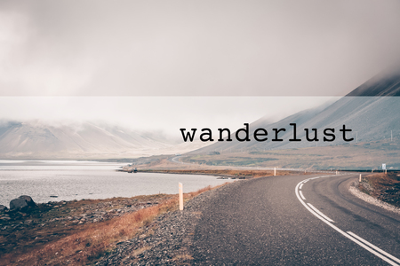 Inspirational typographic quote wanderlust. Travel vacations tourism adventure road trip conceptの写真素材