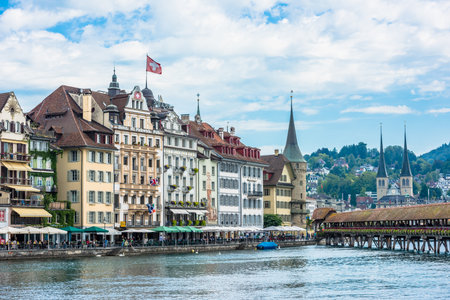 SWITZERLAND, LUZERN - AUGUST 23: view of historic Luzern city center with river Reuss and The Chapel bridge on August 23, 2015のeditorial素材