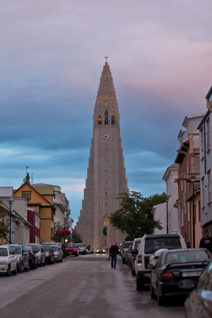 ICELAND, REYKJAVIK - AUGUST 21, 2012: Hallgrimskirkja church as viewed from Skolavordustiger street...