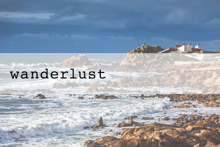 Inspirational typographic quote wanderlust. Travel vacations tourism adventure road trip conceptの写真素材