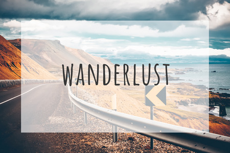 Inspirational typographic quote wanderlust. Travel vacations tourism adventure road trip conceptの写真素材