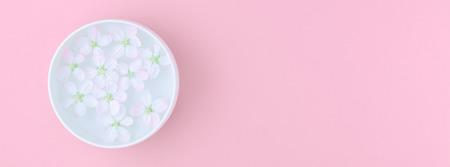 Creative flat lay concept top view of aroma bowl with water and white spring blossoming apple tree flowers on pastel pink paper backgroundの写真素材