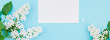 Long wide banner concept top view of blank postcard frame mock up and white lilac flowers petals on pastel blue backgroundの写真素材