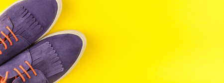 Flat lay of trendy suede shoes and cactus on bold yellow paper background with copy space. Overhead...