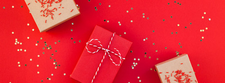 New Year or Christmas presents wrapped ribbon flat lay top view Xmas holiday 2019 celebration...