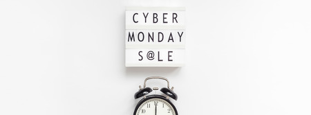 Creative Top view flat lay composition Cyber Monday sale text on lightbox alarm clock white background copy space Template Cyber Monday sale mockup thanksgiving promotion advertising Long wide bannerの写真素材