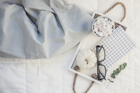 Creative Top view flat lay sill life autumn composition. Hot cacao coffee chocolate with marshmallows mug pumpkins glasses on tray in bed. Concept fall cozy warm home comfort morning natural lightの写真素材