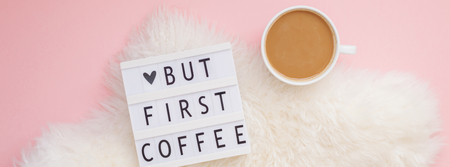 Creative autumn flat lay overhead top view coffee cup vintage lightbox  But coffee first text on millennial pink background copy space minimal style Fall season template feminine blog Long wide bannerの写真素材