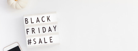 Creative Top view flat lay promotion composition Black friday sale text lightbox white background copy space Template Black friday sale mockup fall thanksgiving promotion advertising Long wide bannerの写真素材