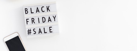 Creative Top view flat lay promotion composition Black friday sale text lightbox white background copy space Template Black friday sale mockup fall thanksgiving promotion advertising Long wide bannerの写真素材