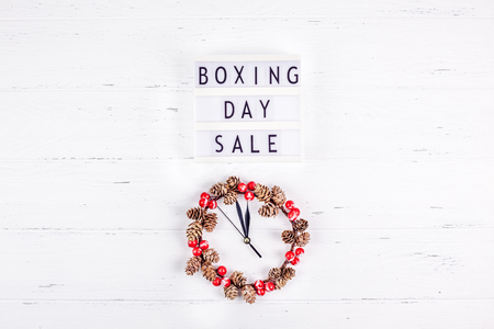Creative Top view flat lay promotion composition Boxing day sale text on lightbox white background copy space Template Boxing day sale mockup winter christmas seasonal offer promotion advertisingの写真素材