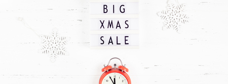 Creative Top view flat lay promotion composition Big Xmas sale text lightbox white wooden background copy space Template seasonal winter christmas offer promotion advertising scandinavian minimalismの写真素材