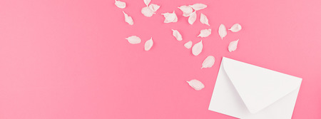 Creative flat lay concept top view of blank letter mock up and apple tree flowers petals on pastel pink background with copy space in minimal style, template for text. Long wide bannerの写真素材