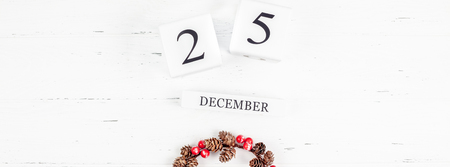 New Year or Christmas pattern flat lay top view Xmas holiday celebration white wooden handmade calendar background. Template for your text design 2019の写真素材