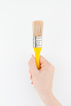 Creative image of woman hand holding new paint brush with copy space isolated on white background in minimalism style. Template for feminine blog, social media. Repair or improvement conceptの写真素材