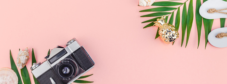 Creative flat lay top view of green tropical palm leaves and old photo camera on millennial pink paper background with copy space. Minimal tropical palm leaf plants summer travel concept templateの写真素材