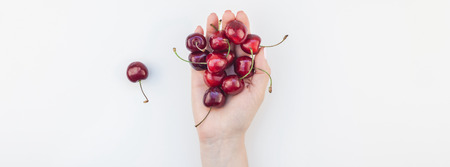 Long wide banner of fresh ripe cherry in a female hands with copy space isolated on white background in minimal style. Concept of summer fun and healthy eating. Template for your text or food designの写真素材
