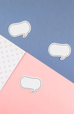 Creative top view mock up blank sticker paper sheets pink background copy space. Minimal geometry concept templateの写真素材