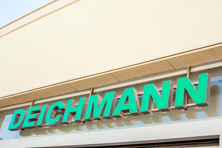 ORIHUELA, SPAIN - FEBRUARY 13, 2019: Deichmann store of international chain of mass fashion retail footwear stores brand logo at its building located in Orihuela shopping area Spainのeditorial素材