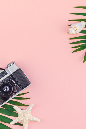 Creative flat lay top view of green tropical palm leaves and old photo camera on millennial pink paper background with copy space. Minimal tropical palm leaf plants summer travel concept templateの写真素材