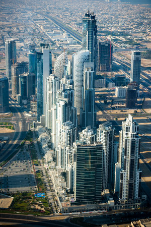 DUBAI, UAE - JANUARY 02: Dubai downtown sunrise morning scene. Top view from aboveのeditorial素材