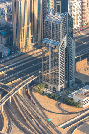 DUBAI, UAE - JANUARY 02: Dubai downtown sunrise morning scene. Top view from above