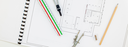 Creative flat lay long wide banner top view blueprints architectural flat project plan and office...