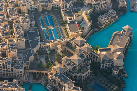 Dubai residential districts golden sunrise morning scene. Top view from aboveの写真素材