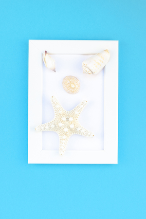 Creative flat lay concept of summer travel vacations. Top view of seashells and starfish on turquoise blue background with white frame mock up and copy space in minimal style, template for textの写真素材