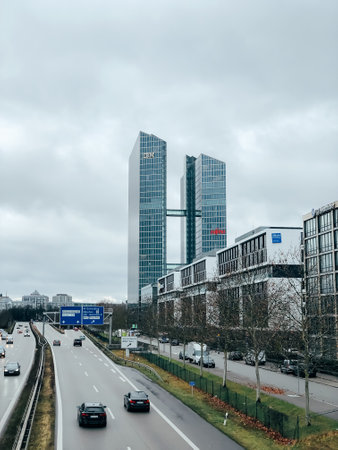 MUNICH, GERMANY - DECEMBER 24, 2018: Business park along the highway with IBM and Fujitsu logos at the companies office building located in Munich, Germany. Mobile photoのeditorial素材