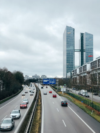 MUNICH, GERMANY - DECEMBER 24, 2018: Business park along the highway with IBM and Fujitsu logos at the companies office building located in Munich, Germany. Mobile photoのeditorial素材