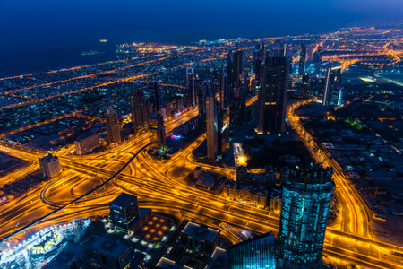 DUBAI, UAE - JANUARY 02, 2015: Dubai downtown night scene with city lights. Top view from aboveのeditorial素材