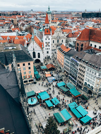 MUNICH, GERMANY - DECEMBER 23, 2018: Christmas market Christkindlmarkt on square Marienplatz in...