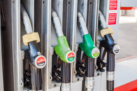 VALENCIA, SPAIN - FEBRUARY 19, 2019: Cepsa Petrol pump nozzles on a gas service station in Valencia, Spainのeditorial素材