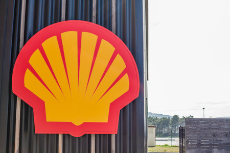 LYON, FRANCE - FEBRUARY 26, 2019: Royal Dutch Shell plc, British-Dutch oil and gas company logo on its gas service station in Lyon, Franceのeditorial素材
