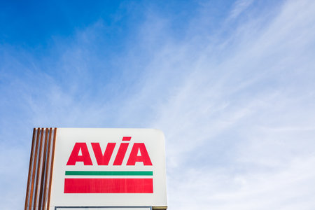 LYON, FRANCE - FEBRUARY 26, 2019: AVIA, Swiss oil and gas company logo on its gas service station in Lyon, France on blue sky backgroundのeditorial素材